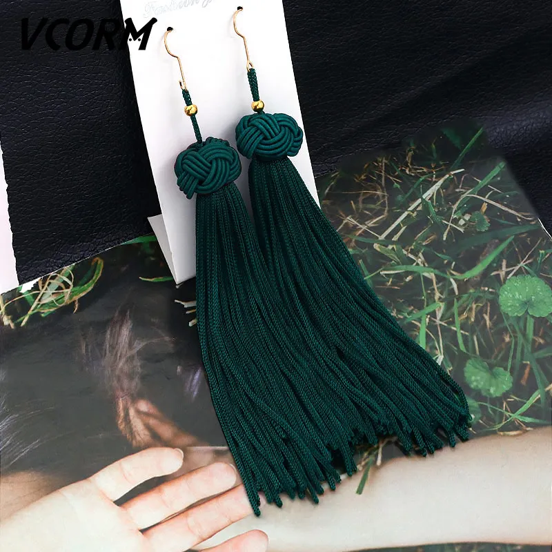 Green 1 VCORM, богемные серьги с кисточками и кристаллами, длинные висячие серьги для женщин, красный хлопок, шелк, ткань, бахрома, серьги, Модные женские ювелирные изделия - Окраска металла: Green 1