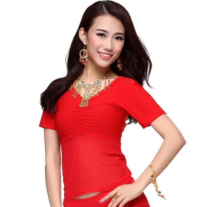 V collar Женские/Женские топы для танца живота, летние футболки с короткими рукавами для восточных танцев живота для взрослых, одежда для индийских танцев, 9 цветов - Цвет: V collar