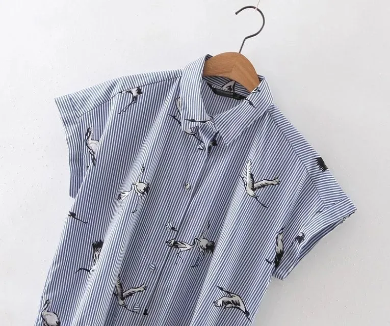 2017 New Fashion Women Vintage Birds Printing Striped Casual Loose Blouses Shirt Short Sleeve Office Wear Slim Blusas Tops S-L |