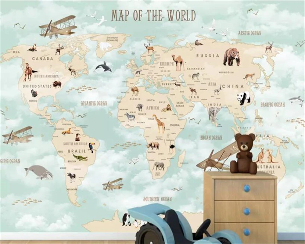 

beibehang behang Marble wallpaper for kids room wallpaper custom cartoon wallpaper animal map background wall 3d wallpaper wall