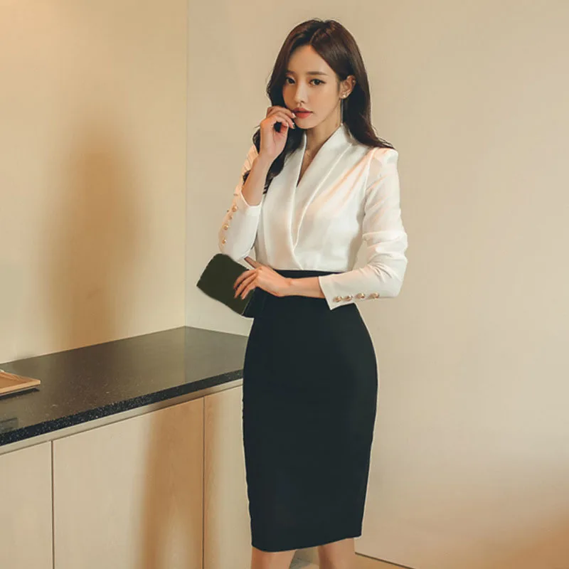 Fashion Women Pencil Dress White Black Patchwork Office Lady Solid Long Sleeve Ladies Midi Bodycon | Женская одежда