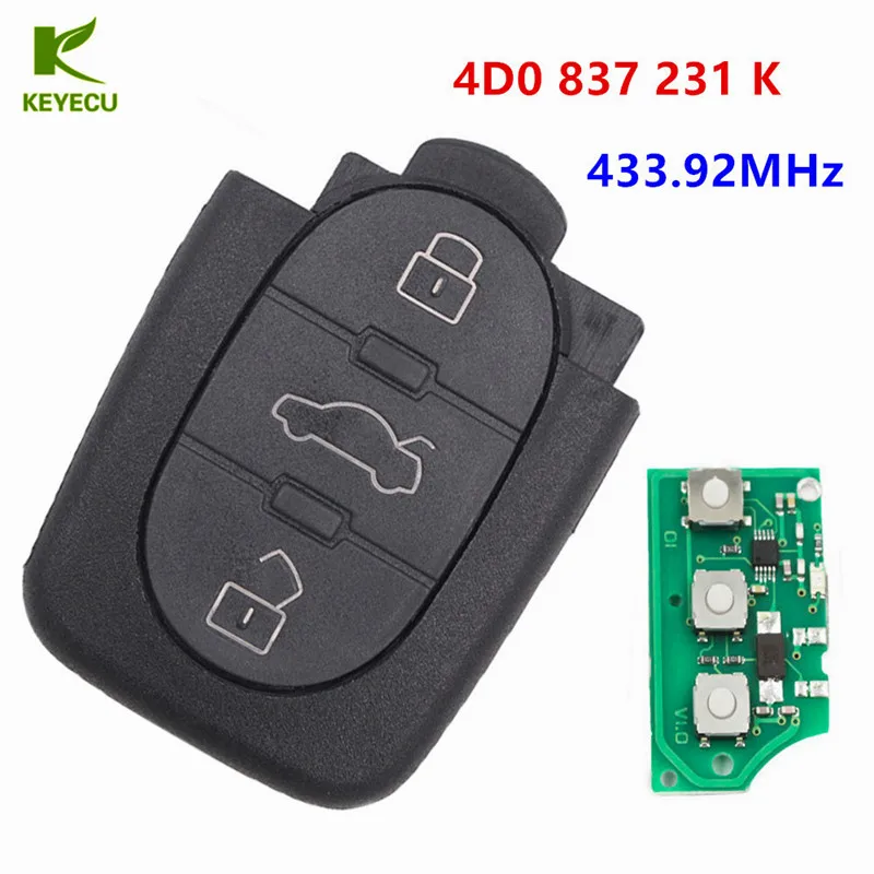 Пульт дистанционного управления KEYECU для AUDI A6 1998 2004 TT 2002 2006 3 кнопки 433 МГц 4D0 837 231