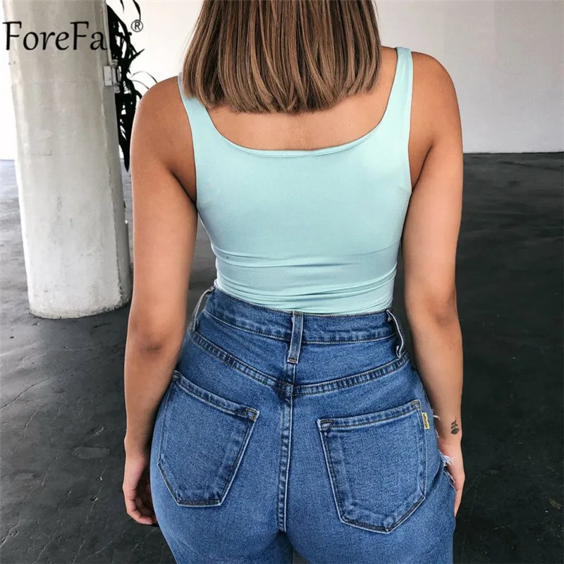 ForeFair сексуальный неоновый зеленый комбинезон женский боди Черный Красный облегающий костюм с вырезом на спине Летний комбинезон женские боди без рукавов