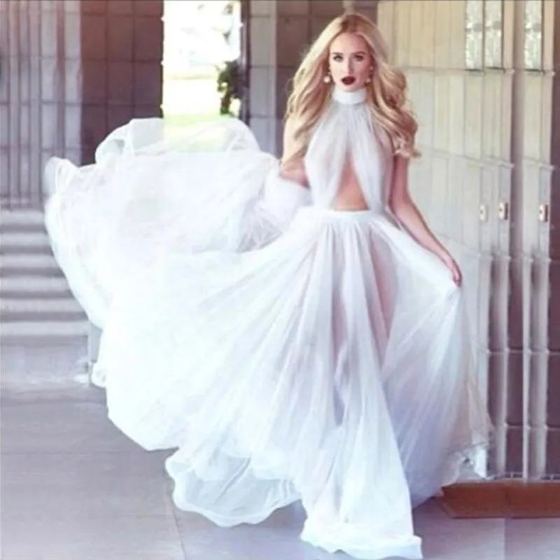 

White Tulle Princess Evening Party Dresses Sexy Halter Backless Long Prom Gown 2019 High Quality A line Arabic Women Party Dress