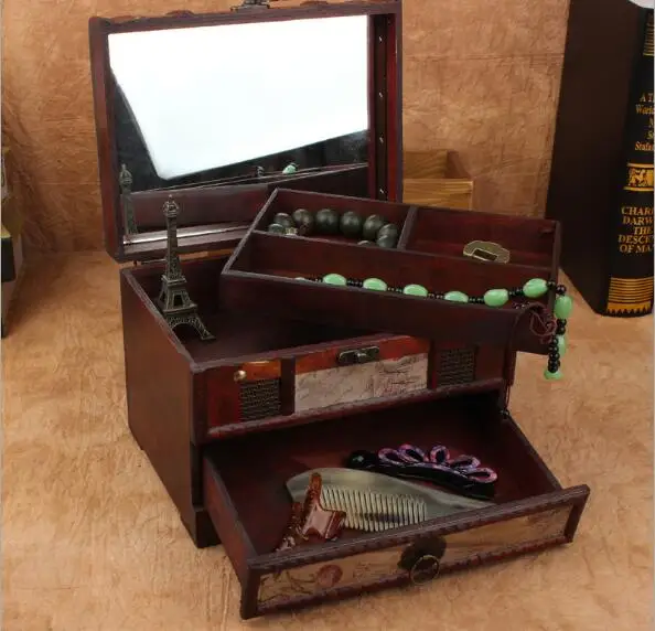 

1PC Retro Pattern Jewelry Box Antique Dressing Case Desktop Makeup with Mirror Portable Handle With Drawer Storage Box NA 009