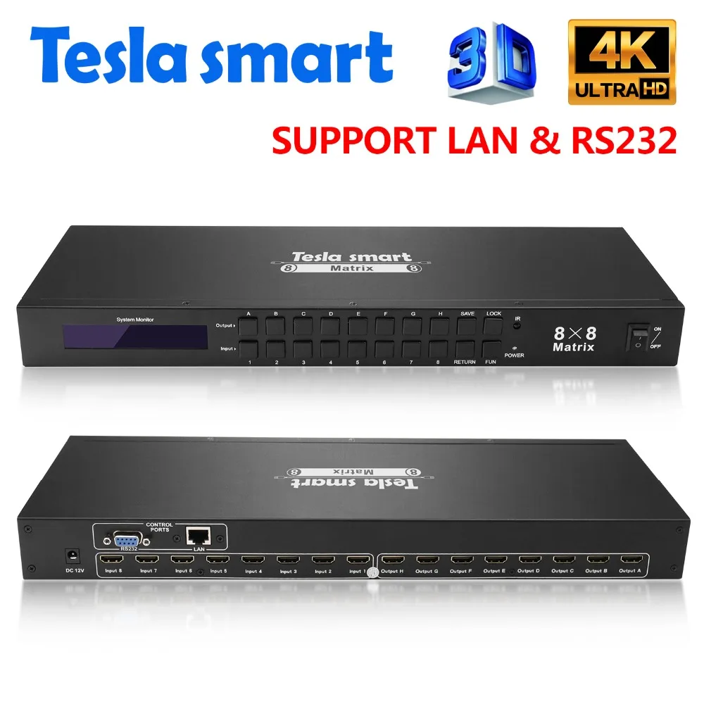 DHL Бесплатная доставка Tesla Smart 4K2K High Quality HDMI Matrix 8x8 с RS232/LAN 2 шт. 1U Ultra HD 4 к Full 1080 P 3D|tesla