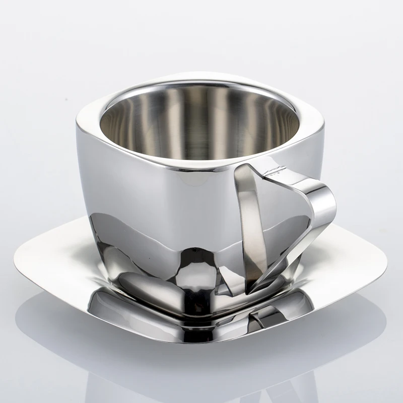 90/150/240ml Stainless Steel Coffee Cup Set Double Anti-hot Insulation Cups Creative Square Tea Cup and Saucer Milk Mug
