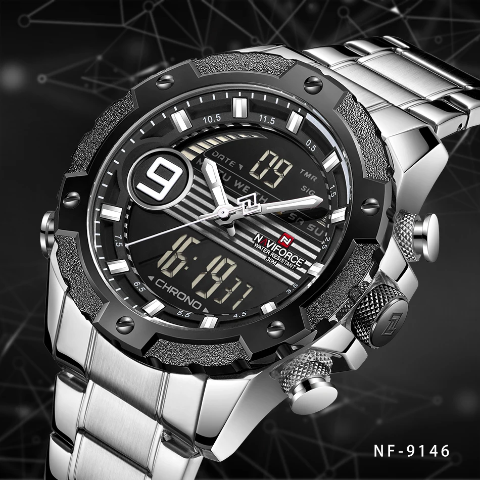 Топ люксовый бренд NAVIFORCE мужские спортивные часы мужские кварцевые цифровые аналоговые часы мужские модные полностью стальные водонепроницаемые наручные часы