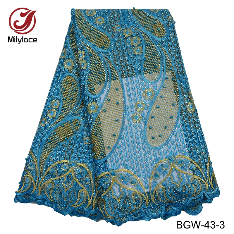 

Rhinestons lace fabric 5 yards african lace fabric high quality bead french lace skyblue embroidery mesh lace for dress BGW-43
