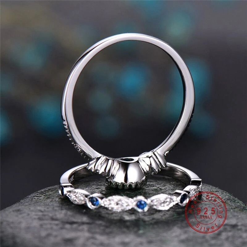 925 Silver Color Women Wedding Ring Set Sparkling Perfect Blue Round Cut Zircon Stone Rings Female Party Engagement Fine Jewelry