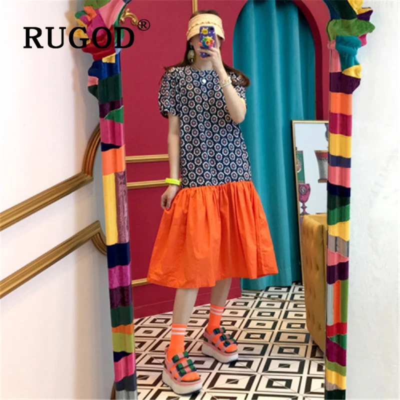 Женское платье с геометрическим принтом RUGOD летнее в Корейском стиле оборками и
