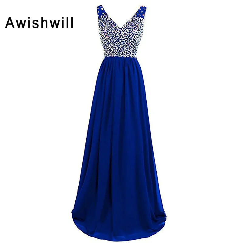 New Fashion A-Line V-neck Floor Length Chiffon With Beads Long Evening Dresses 2020 Sleeveless Sexy Party Prom Open Back | Свадьбы и