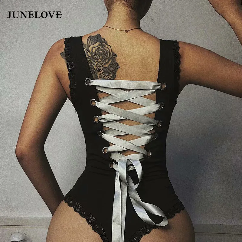 Женское повседневное боди JuneLove винтажное облегающее на шнуровке с открытой