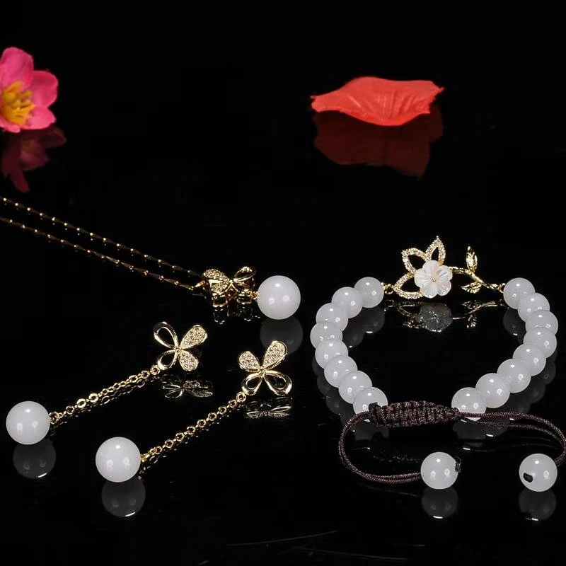 925 Silver Inlaid Natural Ice Chalcedony Pendant Necklace Bracelet Earring Set Gifts | Jewelry Sets