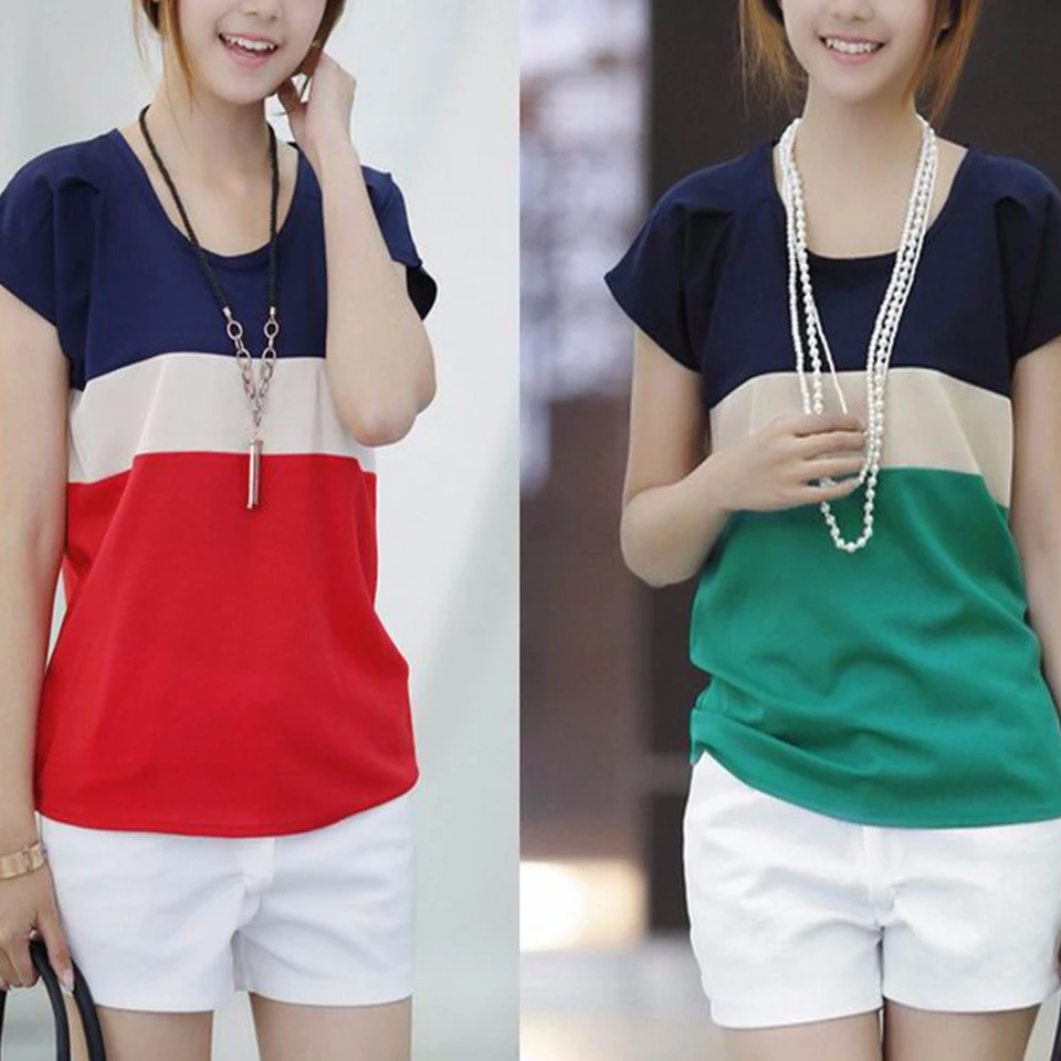 Повседневный Женщина Милый Каваи Футболка Корейский Одежда Цветной Блок