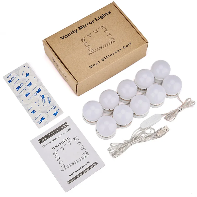 10pcs Makeup Mirror Bulbs Vanity LED Light Bulbs USB Powered Mirror Light Makeup Vanity Lamp Adjustable Cosmetic Mirrors Light