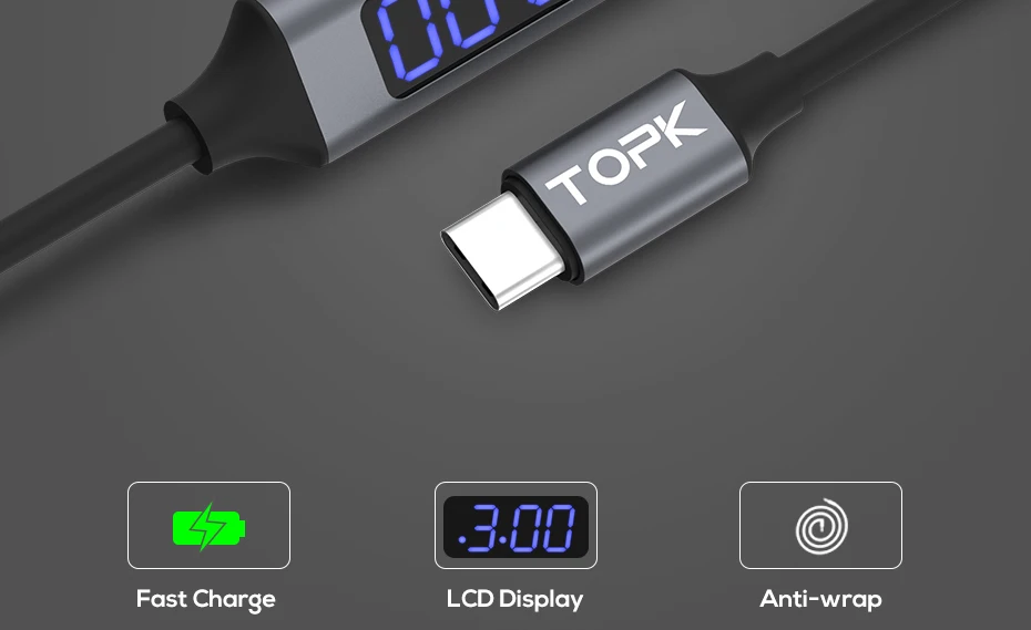 TOPK D-Line2 кабель usb type C, отображение напряжения и тока type-C кабель для быстрой зарядки и синхронизации данных USB-C для Xiaomi A1 samsung S9