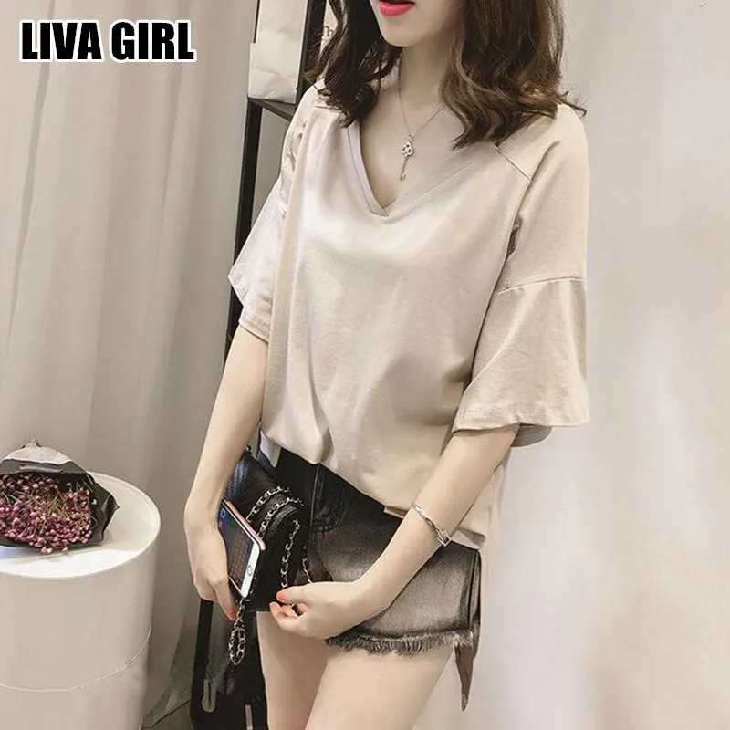 Элегантная модная женская футболка Liva Girl новые стильные однотонные рубашки с V