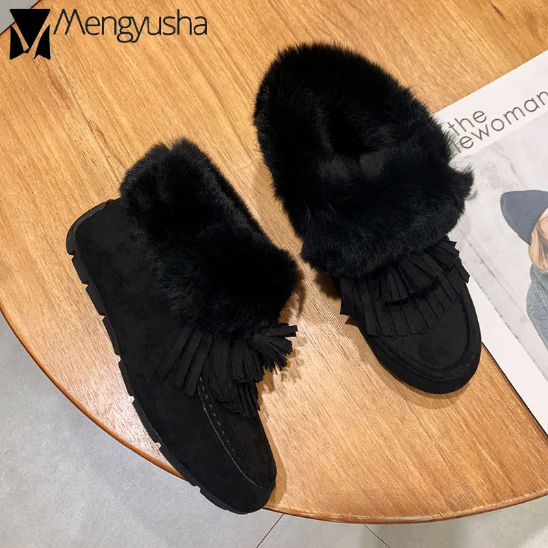 2019 женские мокасины с натуральным кроличьим мехом кисточками длинные плюшевые