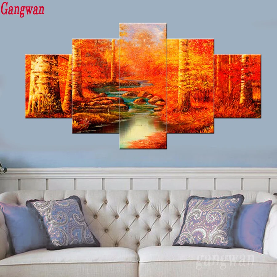 

5 pcs Diamond embroidery autumn lake landscape full square drill cross stitch 5d diy diamond painting Natural red tree mosaic
