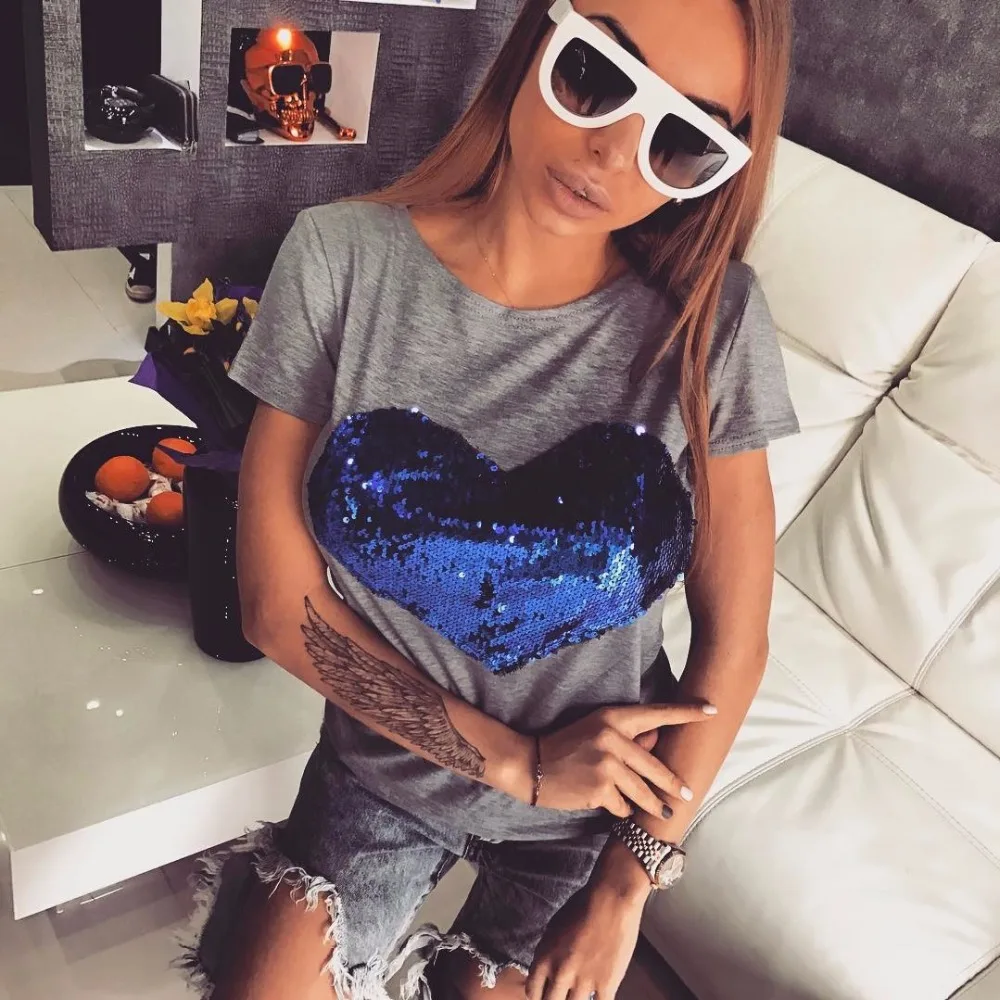 Женская футболка с блестками голубой и красный цвет коротким рукавом дизайн в