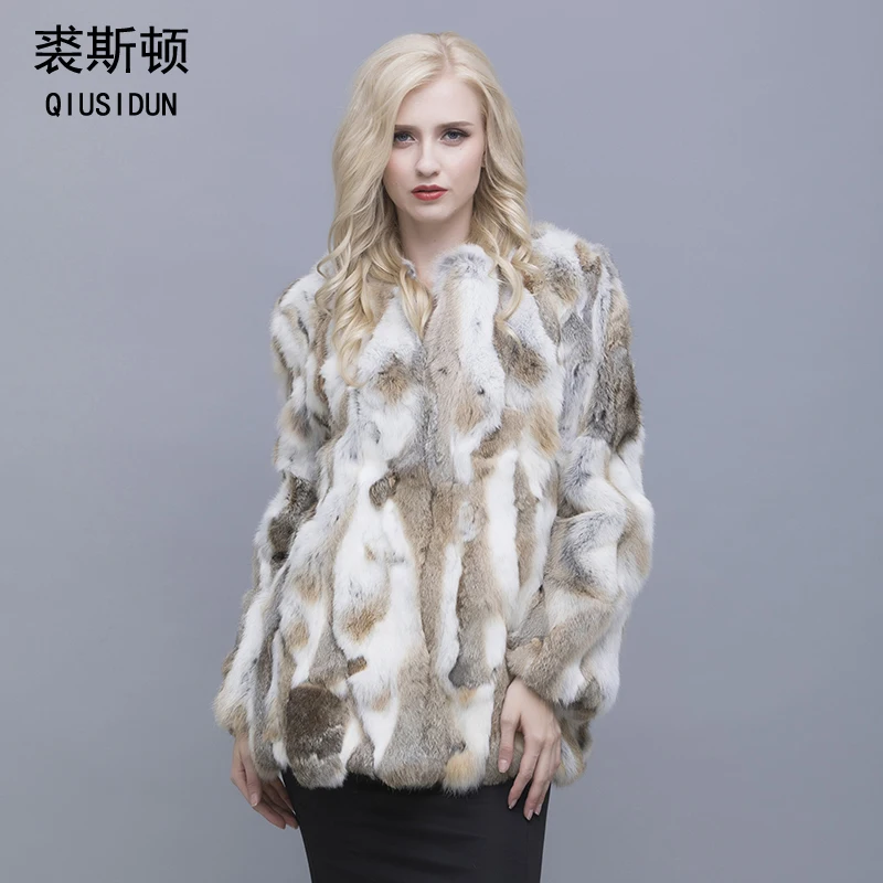 QIUSIDUN  Real Pure Natural Rabbit Fur Coat Long Sleeved T-shirt Fashion Winter Warm Large Size Women's Solid Color Casual Coats