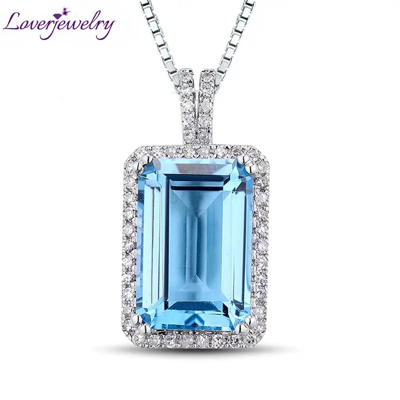 

LOVERJEWELRY Pendants Valentine's Day Emerald Cut 8x12mm 14Kt White Gold Natural Diamond Blue Topaz Pendant without Chain
