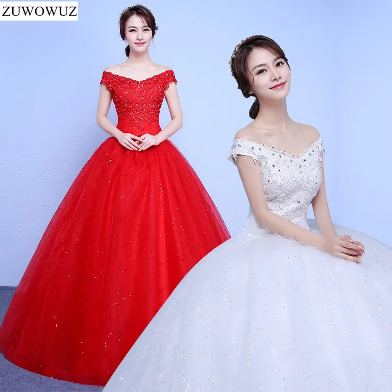 2017 new stock plus size women bridal gown wedding dress white red ball gown floor length custom hot bling beaded long cheap 049