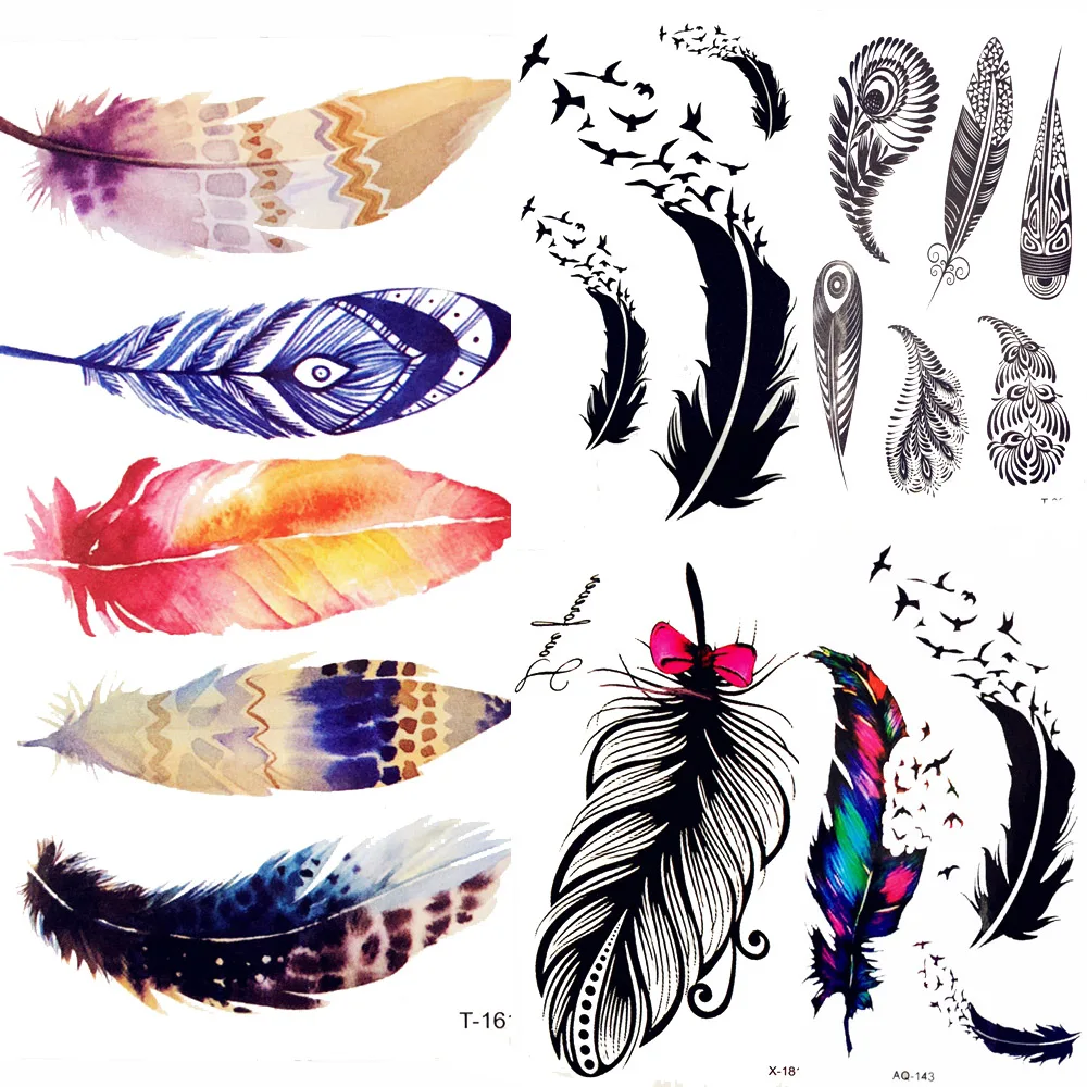 

Summer Style Watercolor Feather Bird Temporary Tattoo Women Tribal Henna Fake Tattoo Men Body Arm Art Drawing 3D Tatto Stickers