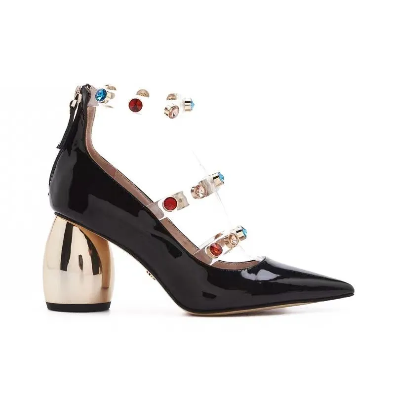 Women Pointed Toe Pumps Black Shiny Leather Formal Dress Party Shoes Studded Strap Chunky High Heel Office Zapatos Mujer Creeper