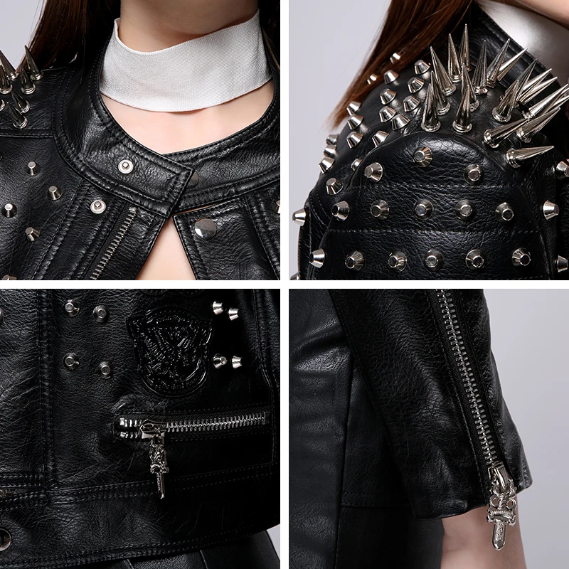 AMSIIKE Женская куртка осень весна в шипах из экокожи A17215|pu jacket|leather pu jacketpu leather jacket women