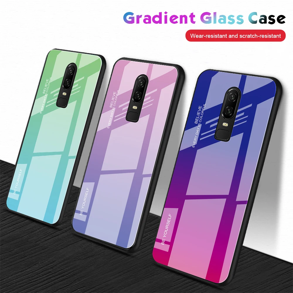 For Oneplus 6 6T Luxury Color Gradient Glass Soft TPU Edge Hard Back Case Cover |
