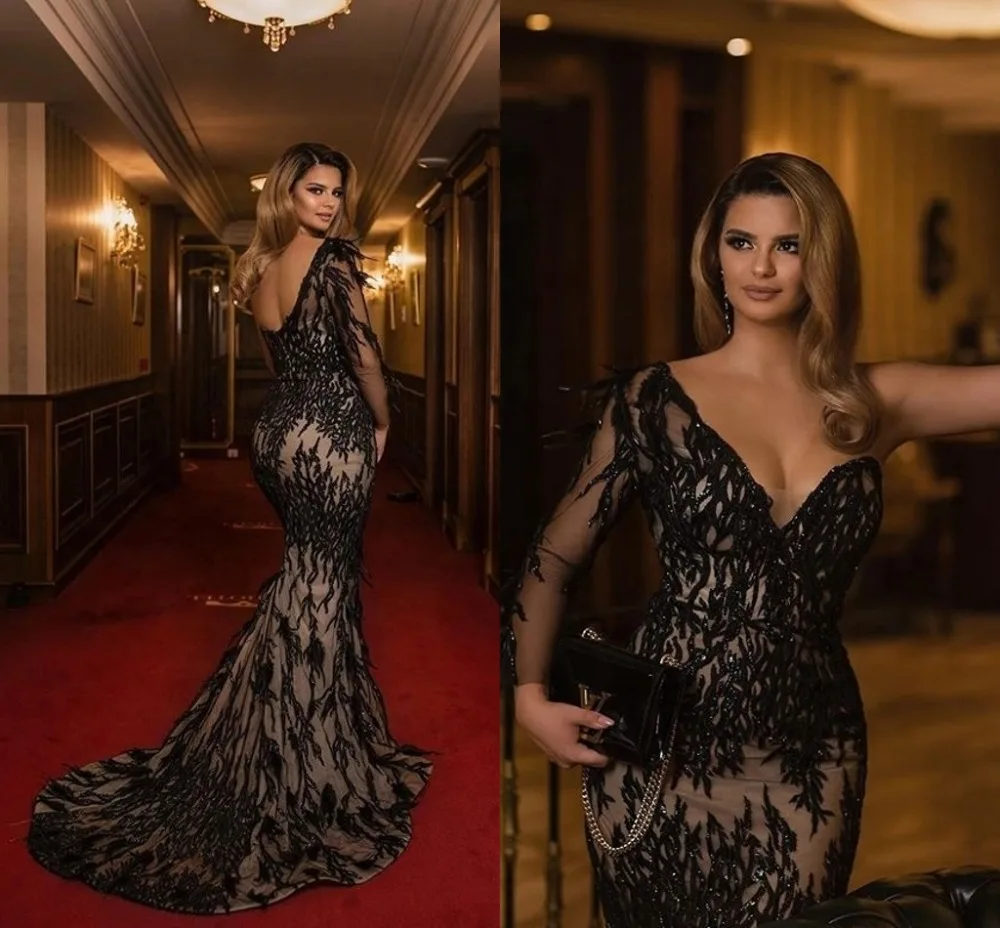 Современное Черное вечернее платье с длинным рукавом 2019 кружевное аппликацией и