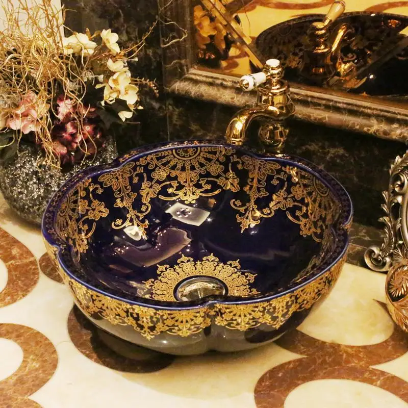 

Europe Vintage Style Palace Design flower shaped ceramics vanity basin Art Countertop sinks bathroom ceramic wash basin