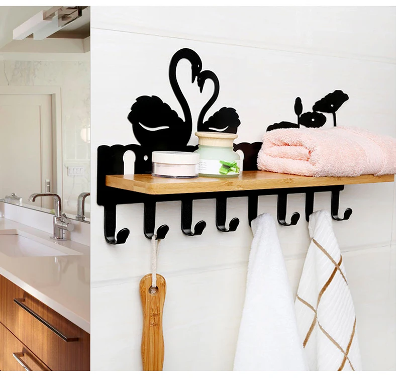 Creative Bamboo Plate Iron Wall Shelf 6/8 Row Hook Coat Hanger Door Hooks Wall Mounted Partition Shelf Deer Piano Swan for Decor