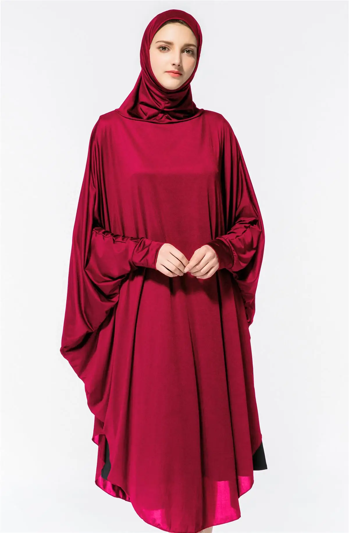 Deep Rose Red Рамадан длинный химар хиджаб платок-накидка хип мусульманская Амира абайя для молитв джилбаба женщин над головой Ближний Восток рабочий корабль рукав летучая мышь платье арабский - Color: Deep Rose Red