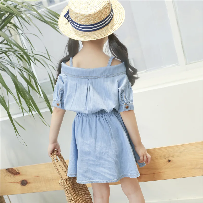 Summer Children Girls Strapless Dress Kids Shoulderless Denim Toddler Cowboy Patchwork Dresses Baby Clothes 2018 New | Детская одежда и