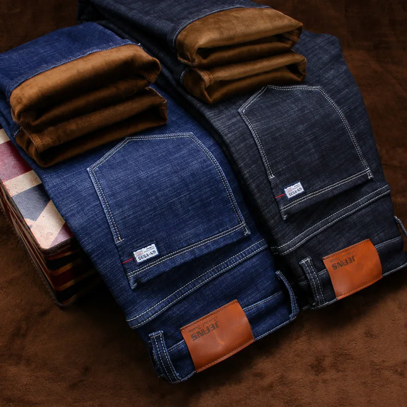 2pcs CARANFIER 2pcs New Men's Winter Brand Jeans Warm Slim Fit Denim Pants Male Balck Blue Thicken Trousers Jeans Big Size 44 46 - Color: 2pcs