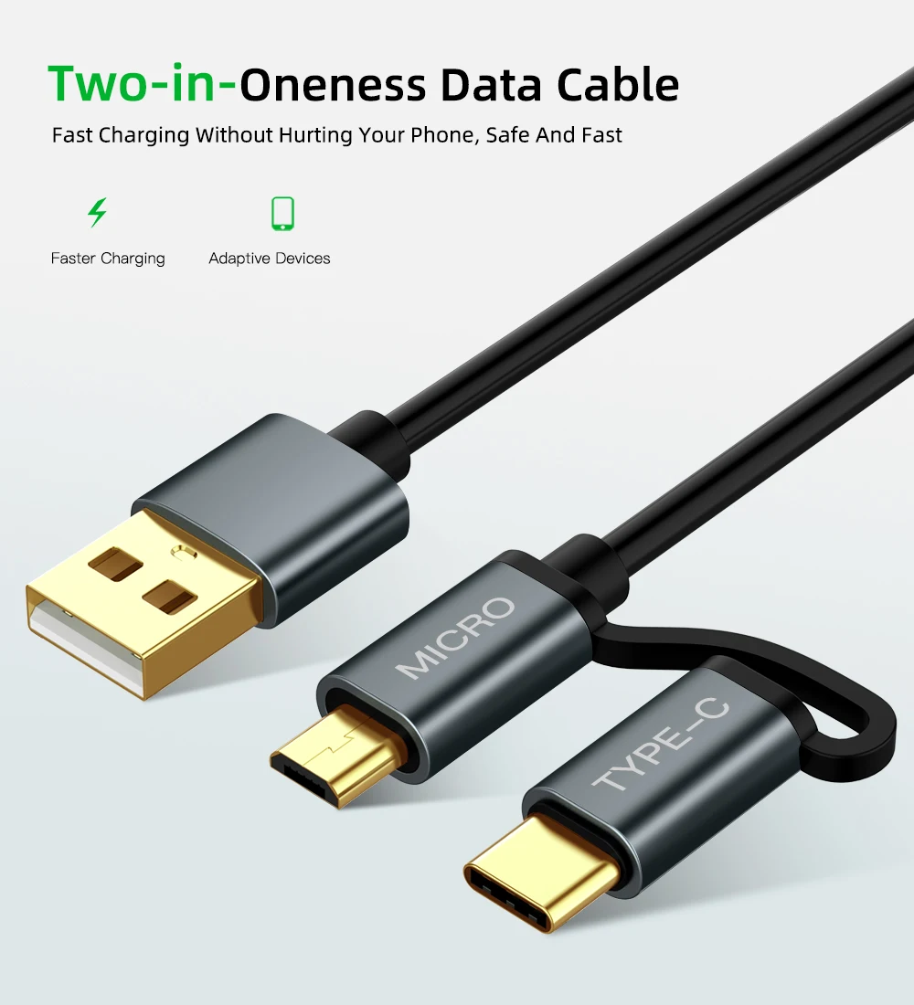 2 в 1 USB кабель Micro usb type C кабель для быстрой зарядки 2в1 type-C кабель для samsung S9 S8 huawei P10 Xiaomi Mi6 Быстрая зарядка