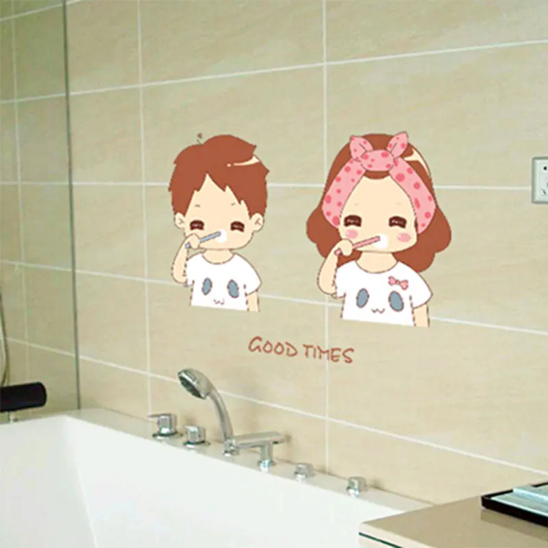 Kawaii Couples brush teeth decoration wall stickers Marriage room Removable PVC Wall Stickers Paper bathroom | Дом и сад