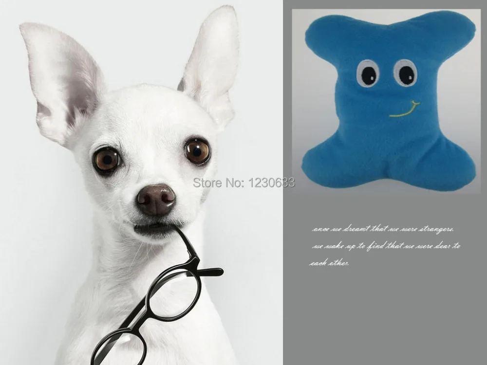 

Short plush toy dog bites sound bones
