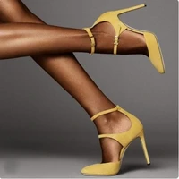 hot selling pink yellow suede pumps women shoes pointed toe double buckle strap high heels pumps 12cm cut out ladies dress shoes