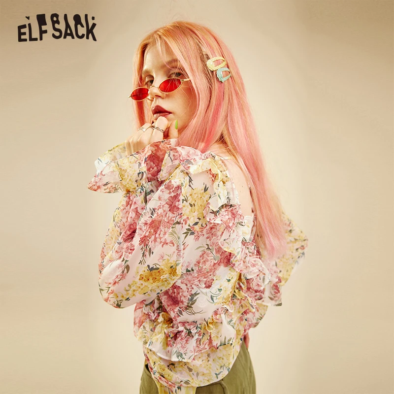 Женская шифоновая блузка ELFSACK белая с цветочным принтом v образным вырезом и