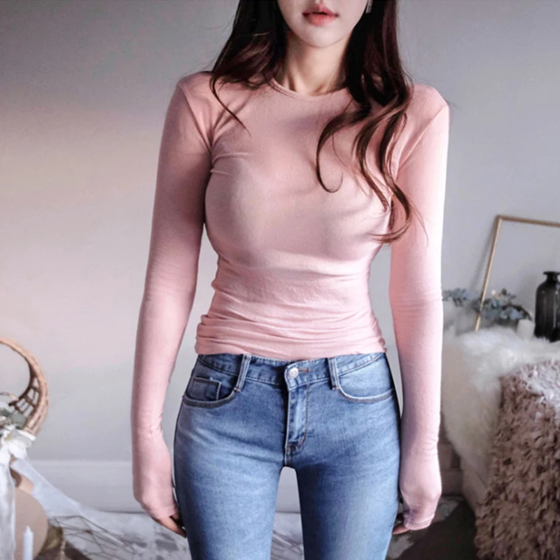 Женская тонкая футболка Shintimes Poleras De Mujer Moda пикантная облегающая с длинным рукавом