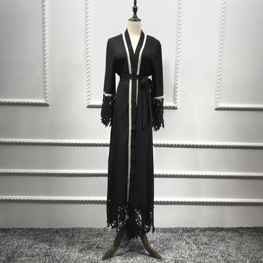 Кружевное мусульманское Макси Платье кардиган с вышивкой Abaya джилбаб жемчужный