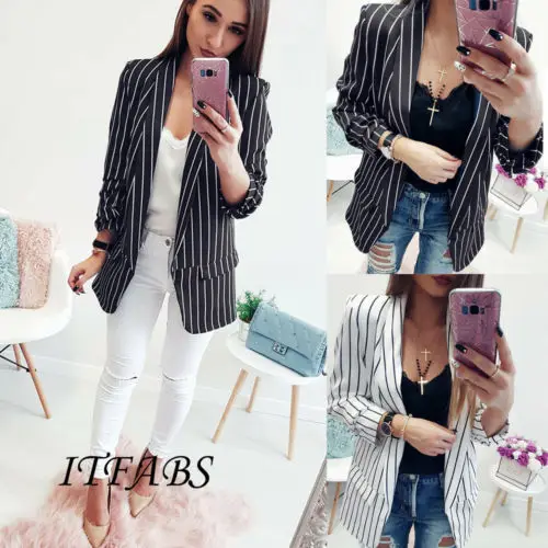 Для женщин черный белый цвет костюм в полоску топы Стильный Button Blazer Тонкий куртки