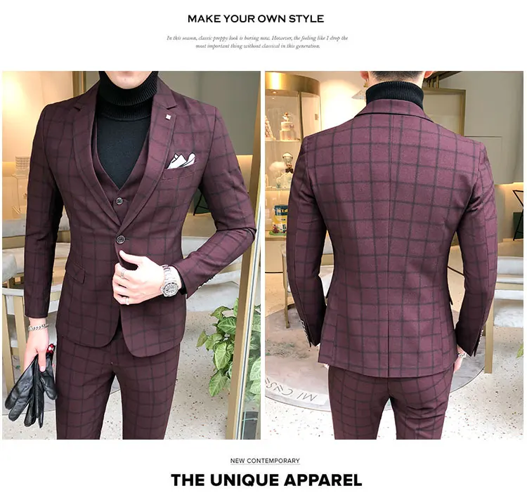 3 предмета, клетчатый приталенный мужской костюм, серый, красный, в клетку, смокинг, костюм для жениха, для свадьбы, вечернего торжественного платья, костюмы для мужчин, куртки, жилет, брюки