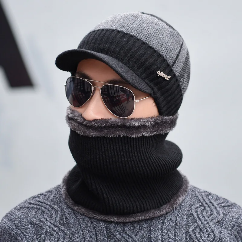 OZyc зимняя шапка Skullies Beanies шапки зимние шапочки для мужчин и женщин шерстяной шарф шапки Балаклава маска Gorras капот вязаная шапка - Цвет: black set