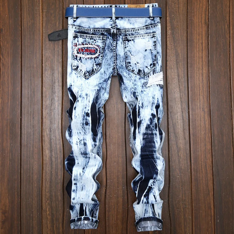 Модные Для мужчин S Рваные джинсы Брюки для девочек тонкий Homme Fit Denim мужской