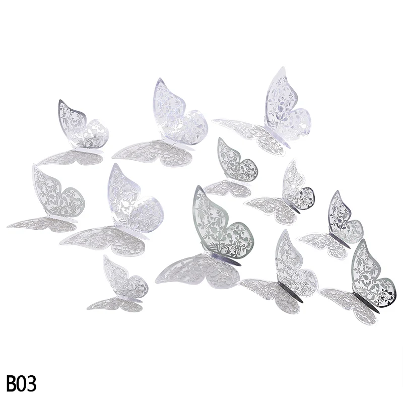 B03 12 шт., 3D Наклейка на стену с бабочкой, 3 размера, серебристые, золотые, полые бумажные наклейки, вечерние, свадебные, подвесные, декоративные наклейки, товары для дома - Цвет: B03
